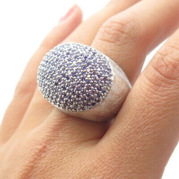 NANIS 925 Sterling Silver Italy Lavender C Z Cluster Brushed Dome Ring Size 7.5